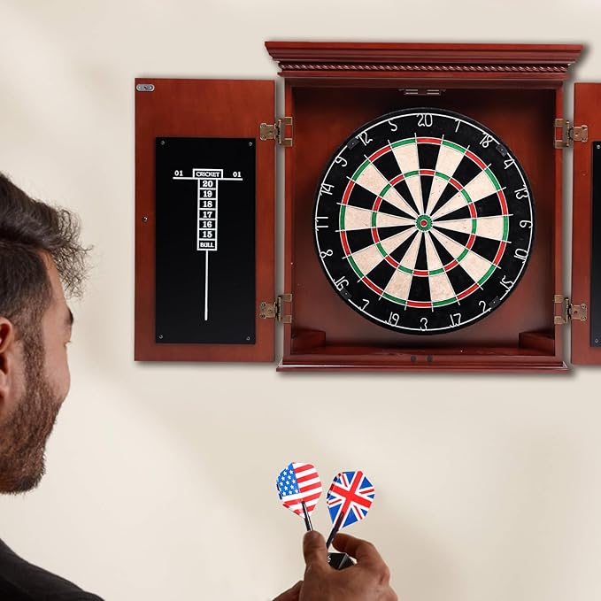 GSE Games & Sports Expert Professional Solid Wood Classic Dartboard Cabinet with Sisal/Bristle Dartboard, Scoreboard, and 6 Steel Tip Darts, Easy Assembly Complete with All Accessories (Premium Brown)