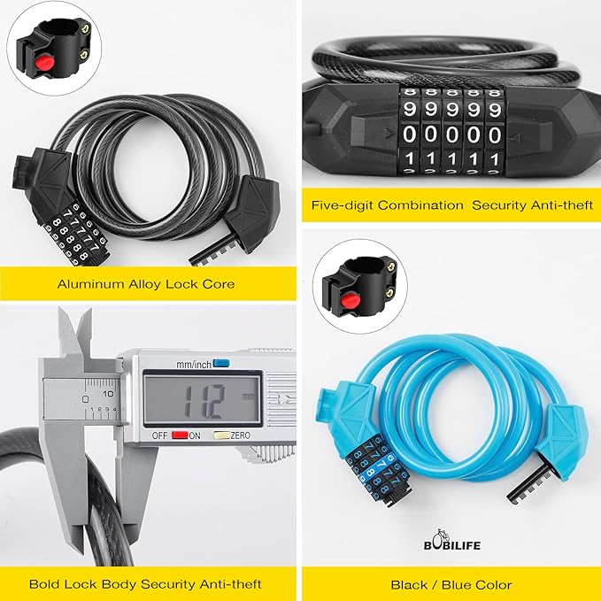 Bike Lock with Mounting Bracket, 4-Feet Bike Cable Basic Self Coiling 5-Digit Resettable Combination Cable Bike Locks, for Bicycle, Motorcycle, Scooter (Blue)