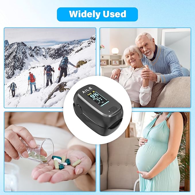 Pulse Oximeter with Fingertip Oxygen Meter : AILE Compact Fingertip Pulse Oximeter - Blood Oxygen/Heart Rate Monitor - 4 Color Screen Display - Including 2AAA Batteries for Athletic & Home (Black)