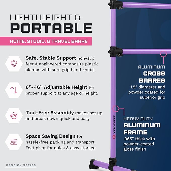 VITA Barre Portable Freestanding Double Ballet Barre, Prodigy, with Carry Bag | Adjustable Height, USA Made, Home or Gym Exercise Equipment for Kids & Adults | Dance, Fitness, Pilates