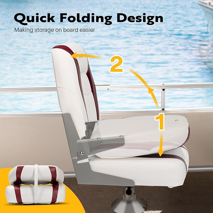 VIVOHOME Folding Low Back Boat Seats 2 Pack, Waterproof Boat Captain Chairs, 4 Mounting Screws Included, White and Red