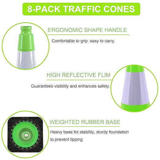 OrangeStar 8 Pack 18" Green Traffic Safety Cones, PVC Parking Cone Construction Cones w/Reflective Collar, Heavy Duty Base for Driving Practice, Parking Lots and Roadwork