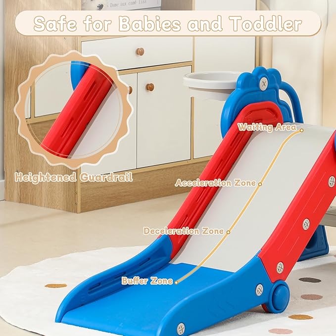 Toddler Slide, Indoor Slide for Toddlers Age 3+, Climber Freestanding Playset with Basketball Hoop, Easy to Store and Set Up, Blue