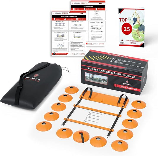 DELUXE EDITION Agility Ladder Training Set - 13 Rung 21ft Agility Ladder w/13 Disc Cones, Carry Bag - Improve Speed & Strength Soccer, Football, Basketball w/4 Steel Pegs for Outdoor Workout Charts