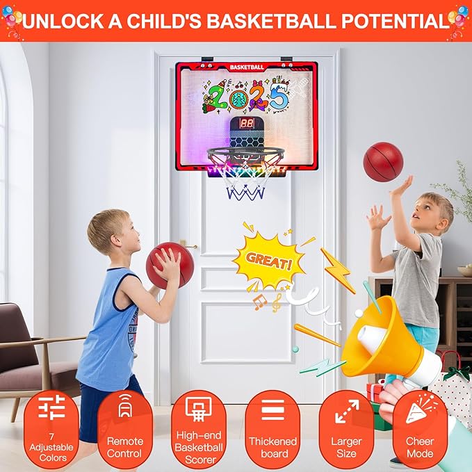 Awsoo Basketball Hoop Indoor for Kids,Mini Basketball Hoop with Colorful Light Bar,Scoreboard& 4 Basketballs, Basketball Toys Gifts for 3 4 5 6 7 8 9 10 11 12 Year Old Boys Girls (Red)