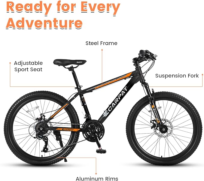 24/26 Inch Mountain Bike, 21 Speed Mountain Bicycle with High Carbon Steel Frame, Dual Disc Brakes and Front Suspension, MTB Bike for Adult Teenagers Boys Girls