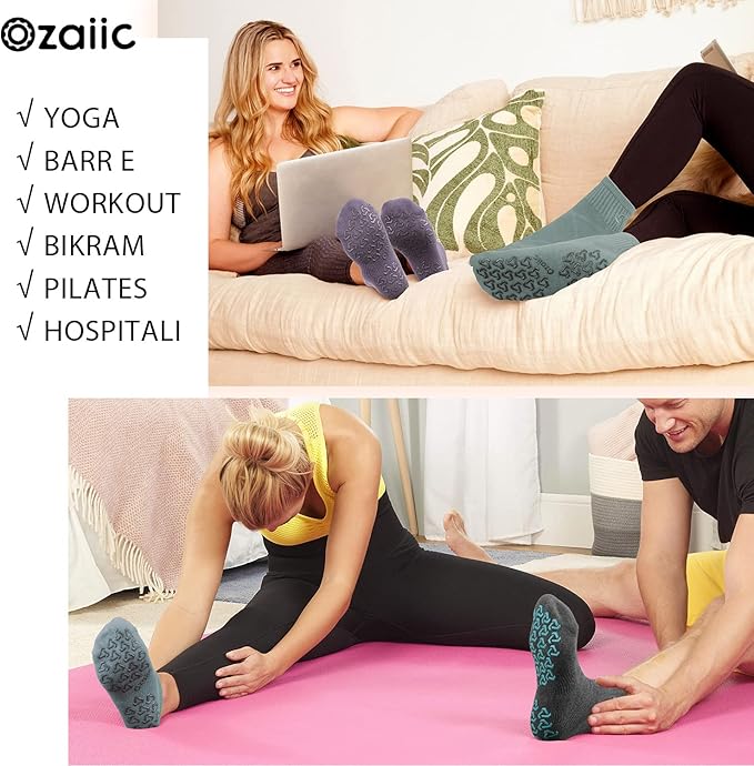 Ozaiic Non Slip Socks Grip for Yoga Home Workout Pure Barre, Pilates, Hospital, Ideal Cushion Socks for Men and Women