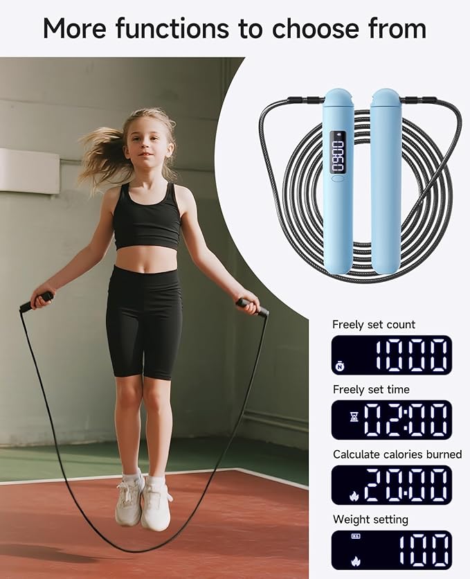 Smart Jump Rope – Customisable Calorie, Count and Time Settings Jump Ropes, Adjustable Steel Wire Skipping Rope with LED Display, for Men Women Fitness and Workout