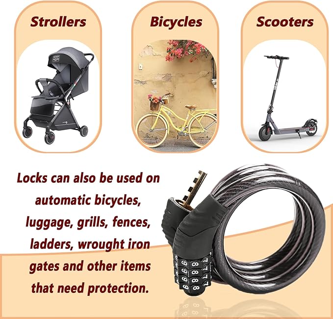 4-Digit Combination Bike Lock - Heavy Duty Anti Theft Cable Lock with Keyless Security, Weatherproof Design for Bicycle, E-Bike, Scooter,Motorcycles,Mountain Bike,Road Bike,Metal Sliding Door