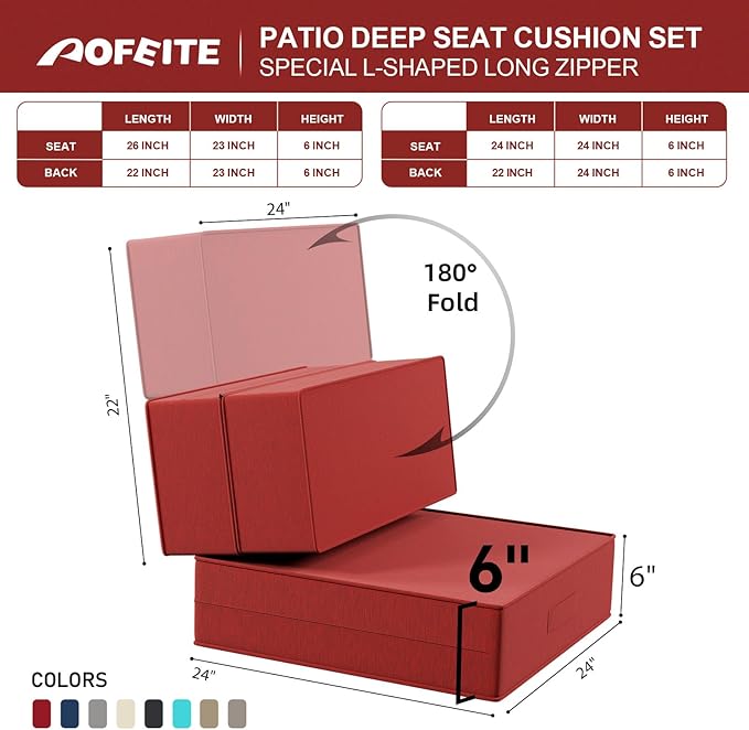 6 Inch Thick Foldable Deep Seat Cushion, 2 PCS 24 x 24 Inch Outdoor Water & Fade Resistant Olefin Patio Furniture Replacement Chair Cushion, with Removable Cover, Handle and Straps, Red