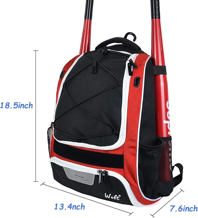 WOLT Youth Baseball Bag - Bat Backpack for Baseball, T-Ball & Softball Equipment & Gear, Bat & Glove Holder, Large Main Compartment for Helmet & accessories, Separate Shoes Compartment, Fence Hook