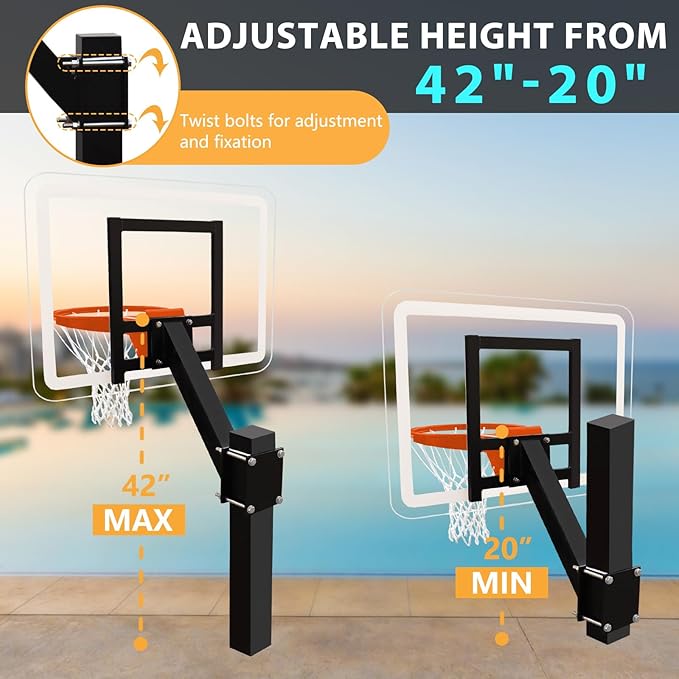 PROGOAL Aluminum Shot and Dunk Poolside Basketball Hoop - In Ground Removable Rust-Resistant Adjustable Height Pool Basketball Game System with Clear Backboard 1/2 Springs Rim and Three Balls
