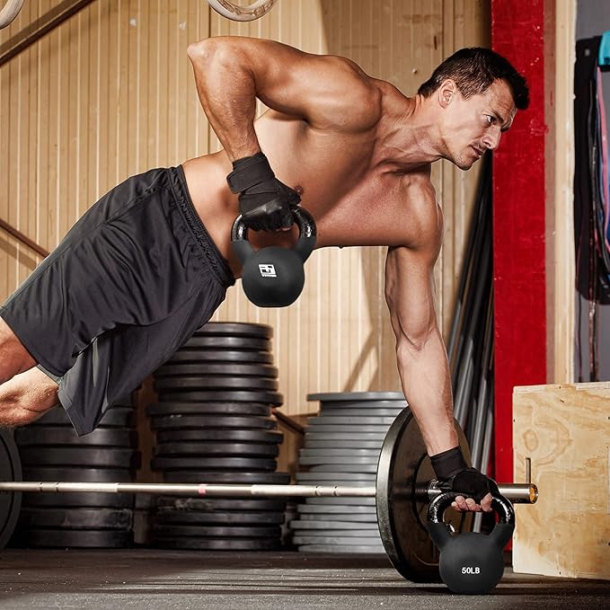 RitFit Neoprene Coated Solid Cast Iron Kettlebell 5 10 15 20 25 30 35 40 45 50 LB, Great for Full Body Workout, Cross-Training, Weight Loss & Strength Training