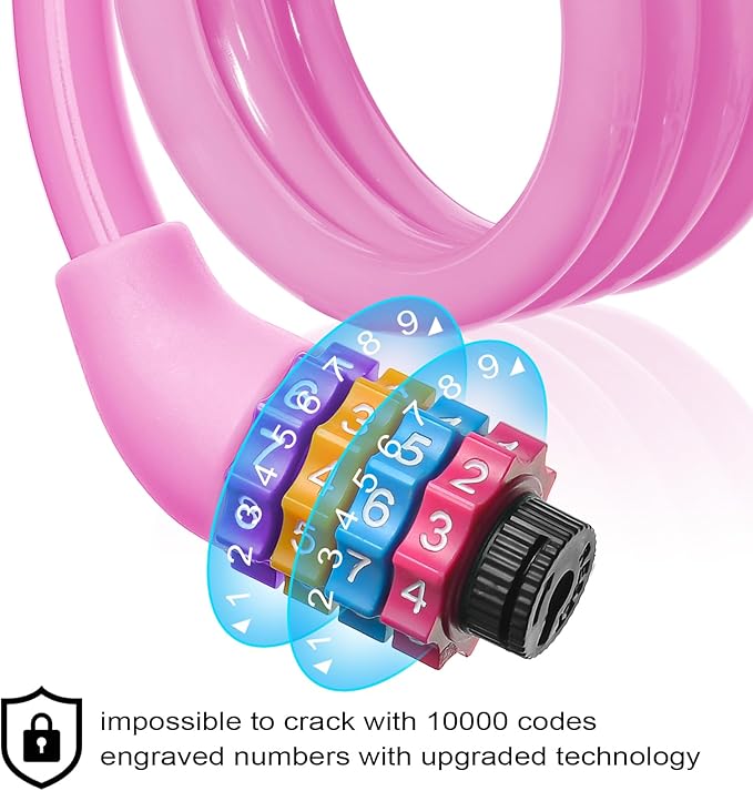Bike Lock, 25 inch Bike Lock Cable, Portable Anti Theft 4 Digits Codes Cable Locks, Resettable Combinations Coiling Bicycle Lock for Bike, Motorbike, Scooter, Skateboard, Gate, Fence (Pink