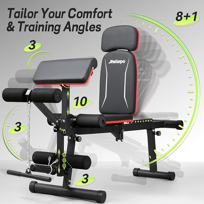 Upgraded Adjustable Weight Bench with Leg Extension and Leg Curl, 9 Back Positions & Foldable, 1200LB Workout Bench for Home Gym, Flat Decline Incline Bench for Full-Body Strength Training & Big Guys