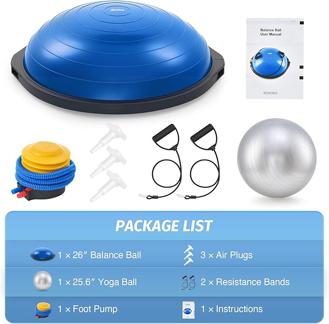 ZELUS 25in. Balance Ball | 660lb Inflatable Half Exercise Ball Wobble Board Balance Trainer w Nonslip Base | Half Yoga Ball Strength Training Equipment w 2 Bands, Pump, Extra Ball Included