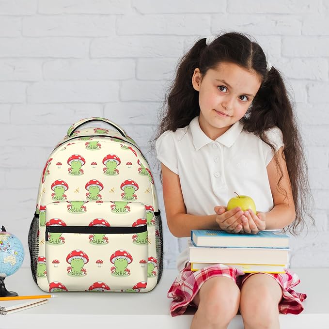 Kawaii Frog Print Backpack for Boys Girls Bookbags Lightweight Adjustable Elementary Middle High School Bags for Kids Children Teenagers Travel Daypack Laptop Hiking Backpacks