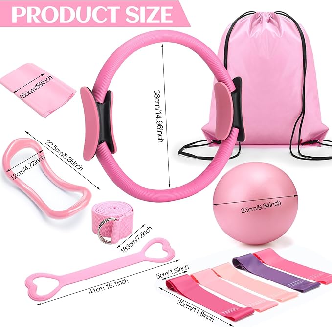 Set of 18 Pilates Ring Essential Kit for Women Pilates Ring and Ball Ankle Resistance Band Yoga Strap Socks Mat Arm Stretcher Latex Tube Gym Back Bag Exercise Equipment for Workout