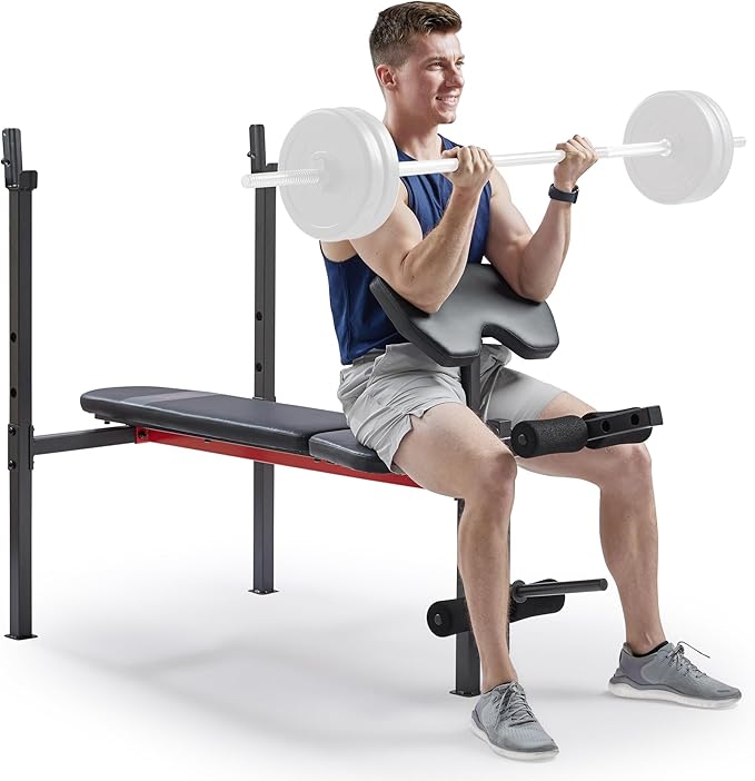 Sunny Health & Fitness Compact Premium Incline Bench Press Bar Rack Set & Optional Leg Extension Developer, Preacher Curl for Solid Strength Training Home Gym