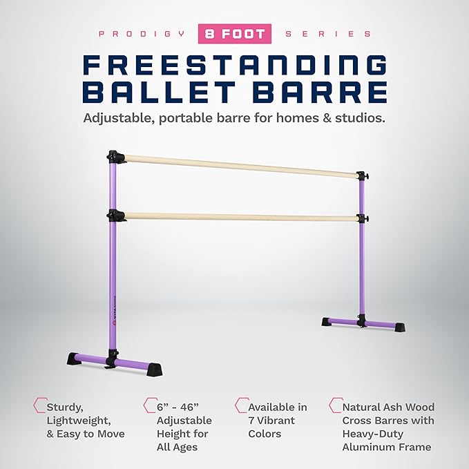 VITA Barre Portable Freestanding Double Ballet Barre, Prodigy, Wood | Adjustable Height, USA Made, Home or Gym Exercise Equipment for Kids & Adults | Dance, Fitness, Pilates