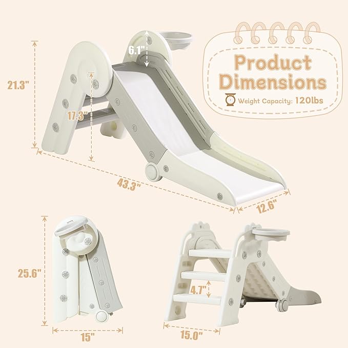 Toddler Slide, Indoor Slide for Toddlers Age 3+, Climber Freestanding Playset with Basketball Hoop, Easy to Store and Set Up, Gray