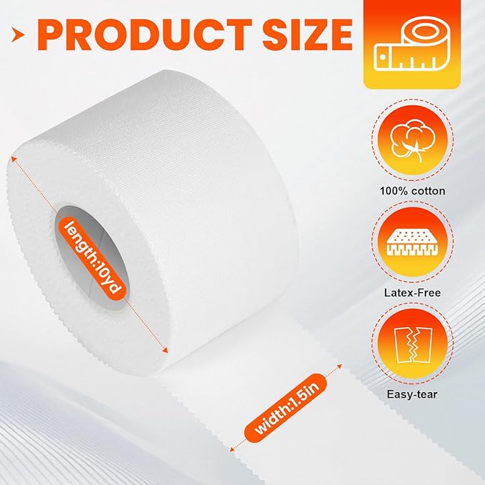 64 Pack Athletic Tape, White Sports Tape for Wrist Ankle Protection, Sports Tape Athletic No Sticky Residue, Easy to Tear Gymnastics Tape for Soccer, Football, Training Supplies (1.5" x 640 Yards)