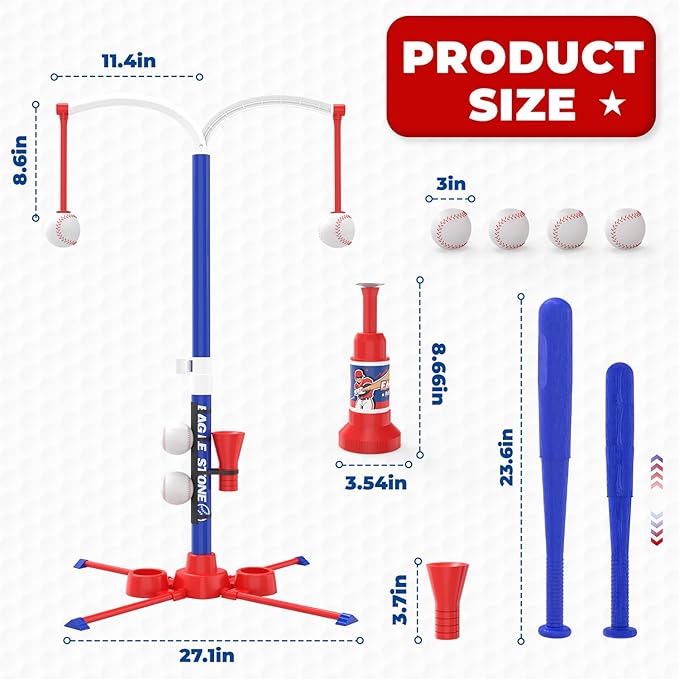 EagleStone 3-in-1 Toddler T Ball Set for Kids 3-5, 5-8, 2 Baseball Bats,Adjustable Height Hanging Tee,Tball Batting Stand,Ball Launcher. Outdoor/Indoor Baseball Toys for Toddlers, Backyard Sports Gift