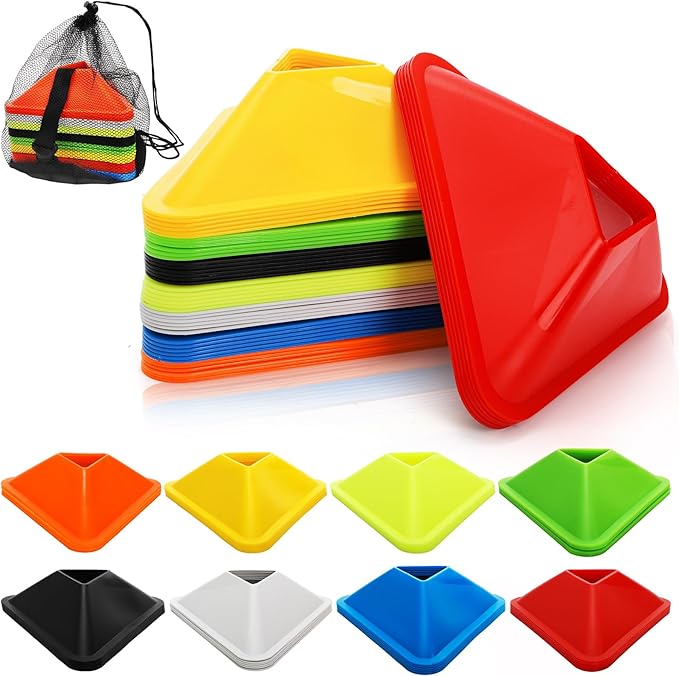 48 Pack Triangle Soccer Cones, Flexible Agility Cones with Carry Bag and Strap, Sports Drill Cones for Training, Plastic Traffic Marker Cones for Football Basketball Coaching, 8 Colors