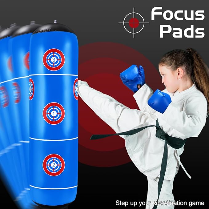 7 Pcs Kids Punching Bag Set Include Boxing Gloves, Inflatable Punching Bag, Hand Wraps, Hand Pads, Air Pump, Kids Boxing Training Set for Karate Kickboxing Taekwondo