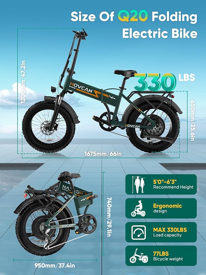 Q20 Folding Electric Bike, 52V 15.6Ah Removable Concealed Battery 20” Fat Tire Dirt Bike,1500W Motor 30 MPH Top Speed E Bikes, 7 Speed Dual Hydraulic Brake Electric Bikes for Adults