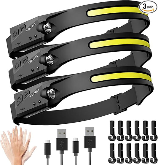 Rechargeable Headlamp 3PCS, 230° Wide Beam Head Lamp, Motion Sensor LED Headlamp Rechargeable, 6 Mode Headlamps for Adults, Bright Head Lights for Forehead, Hard Hat Headlight