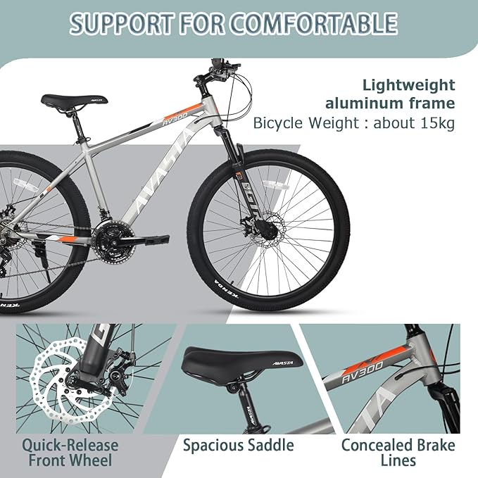 AVASTA AV300 26 27.5 inch Mountain Bike with 21-Speed,Aluminum Frame, Dual Disc Brake, Comfortable Saddle,Multiple Colors
