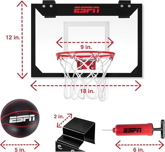 ESPN Mini Basketball Hoop, Over The Door Basketball Hoop with Foldable Breakaway Rim, Includes 2 Mini Basketballs and Pump