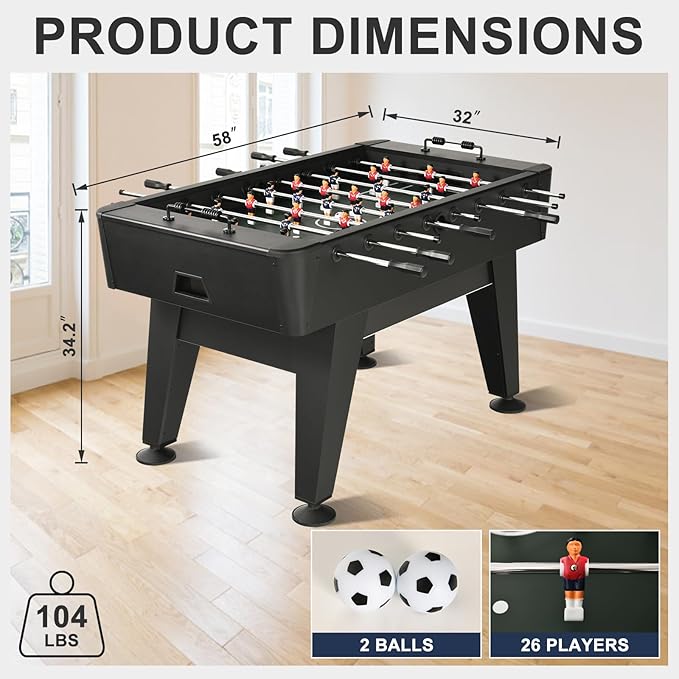 Foosball Table, 58inch Competition Soccer Table Game w/ 2 Balls for Adult Kids Youth, Heavy-Duty Arcade Table Soccer for Home, Game Room