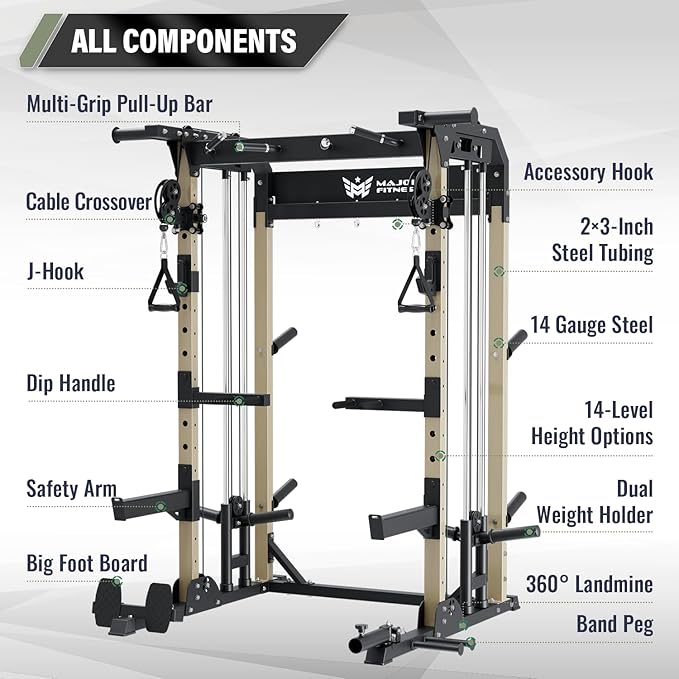 MAJOR FITNESS F22 Power Rack, 1600lbs All-in-One Squat Rack with Cable Crossover, Dual Pulley System, Heavy-Duty Steel Frame, Attachments & Storage for Home Gym Strength Training