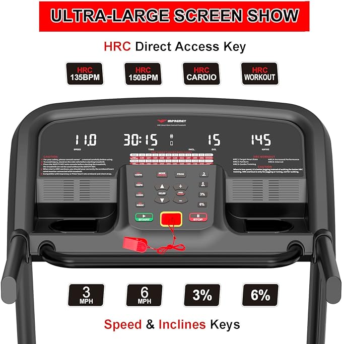 Impremey Folding Treadmill with Auto Incline 15%, 3.5HP, 350 Lb Capacity, 11 MPH, 50" x 19" Ultra Large Running Area, Heart Rate Monitor Armband, HRC Training for Home Walking and Running