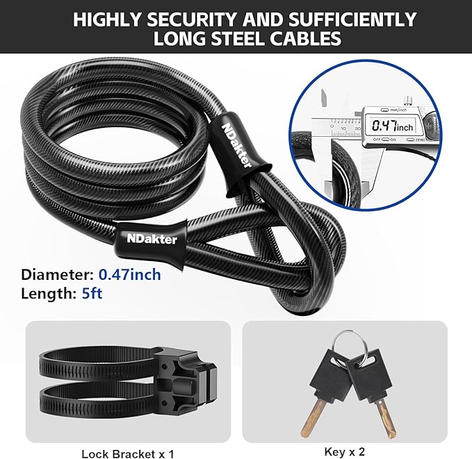 NDakter Bike Locks Heavy Duty Anti Theft,18mm Bicycle Combo U Lock with 5FT Cable, 4-Digit Resettable Combination Electric Scooter Lock with 2Keys and Bracket for Tricycle, Moped, Motorcycle(Gray)