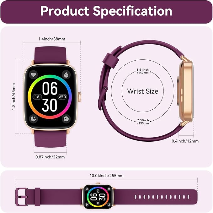 Tensky Smart Watch for Women Android & iPhone, 1.85" Touch Screen Fitness Tracker with Answer/Make Call, IP68 Waterproof 24/7 Sleep/Health Monitor, Pedometer, 100+ Sport Modes (2 Bands)