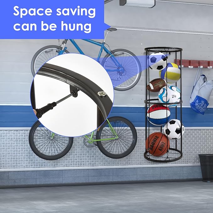 Garage Ball Storage Rack - Wall-Mounted Vertical Ball Holder for Basketball, Soccer, Volleyball, Football - Space-Saving Sports Organizer for Garage, Home, Basement, Kids' Room, Outdoor Use