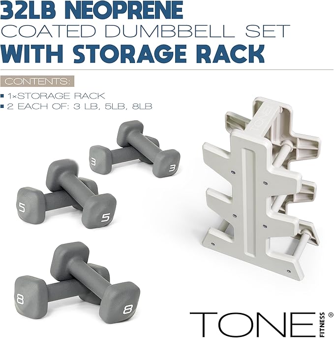 Tone Fitness Neoprene Dumbbell Set with Storage Rack – Non-Slip, Anti-Roll Hand Weights for Home Gym Workouts | 20 lb, 32 lb, & 50 lb Options