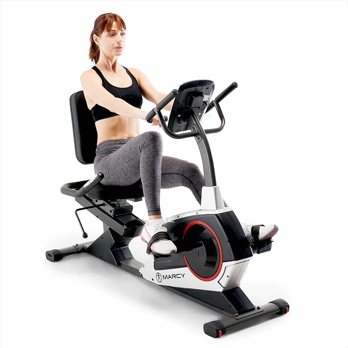 Marcy Regenerating Recumbent Exercise Bike with Adjustable Seat, Pulse Monitor and Transport Wheels ME-706