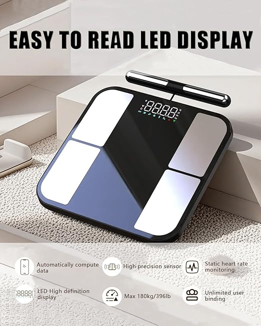 Scale for Body Weight - 8 Electrodes High Precision Digital Scale for BMI - 46 Body Composition Metrics - Bluetooth Bathroom Scale with LED for Home/Fitness