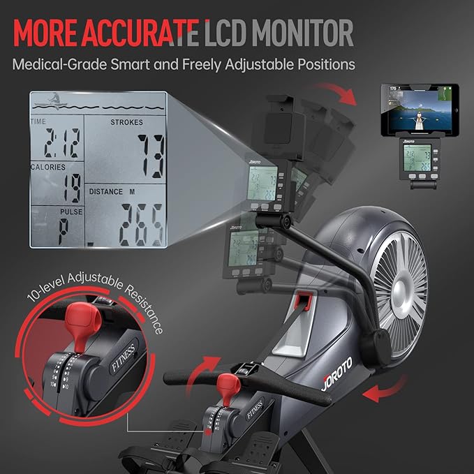 JOROTO Rowing Machine for Home Foldable, Air Magnetic Rowing Machines with 10-Level Adjustable Resistance, Quiet Ergonomic Seat,Bluetooth App, Max 350LBS, Space-Saving Home Gym, Gray
