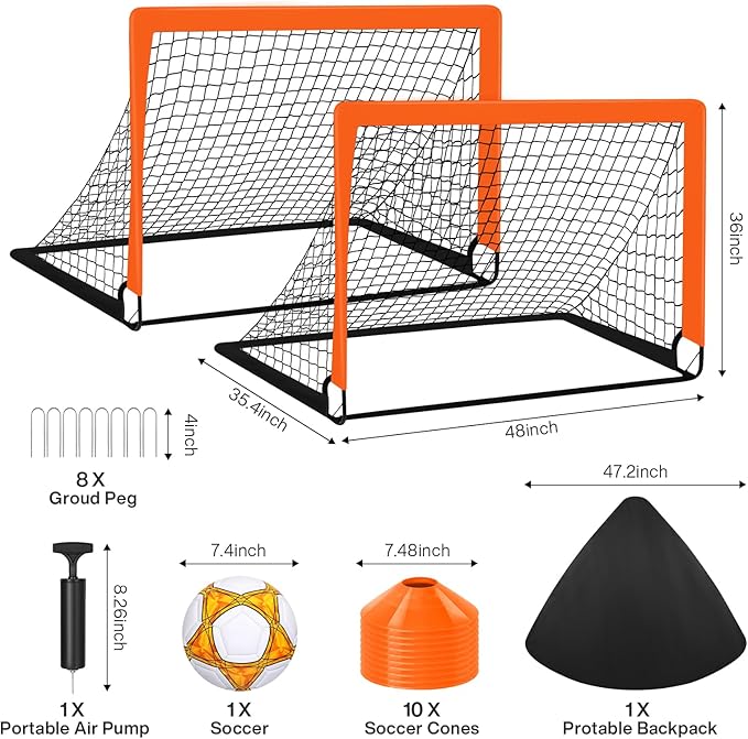 Soccer Goals for Backyard Set, 2 of 4×3 ft Orange Portable Soccer Goal Training Equipment for Games and Training for Backyard for Teens, Comes with Inflator, Soccer Ball, Football Cone