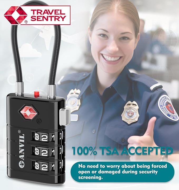 ANVIL TSA Approved Luggage Locks – High Security TSA008 Combination Travel Locks with Inspection Indicator for Suitcases and Backpacks. (3, Black)
