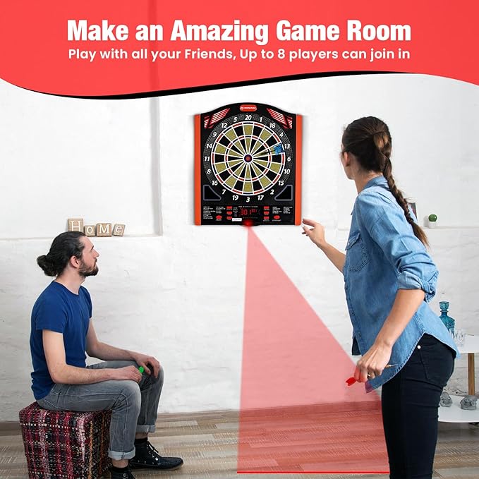 Electronic Dart Board Set, Illuminated Electronic Soft Tip Dartboard with LED Sidelamp, Laser Toe Line, 34 Games with 350 Variations Digital Dartboard Set, up to 8 Players, 5 Levels, Batteries/Adapter
