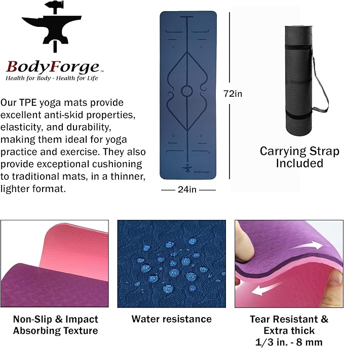 BodyForge Yoga Mat Thick Exercise Mat Thick 8mm TPE Eco-Friendly with Alignment Marks Non-Slip Extra Thick High-Density for Women and Men Workout Pilates