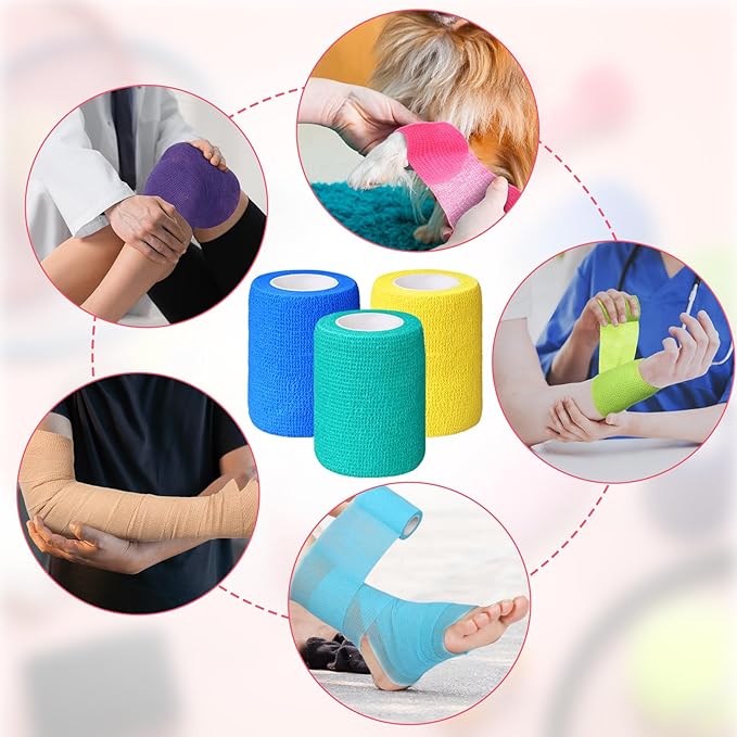 Treela 64 Pack 3" x 5 Yards Self Adhesive Cohesive Bandage Wraps, Elastic Breathable Athletic Tape, Flexible Self Adherent Bandage Rolls for Wrist, Ankle, Fingers, Sports & Pets (Multicolor)
