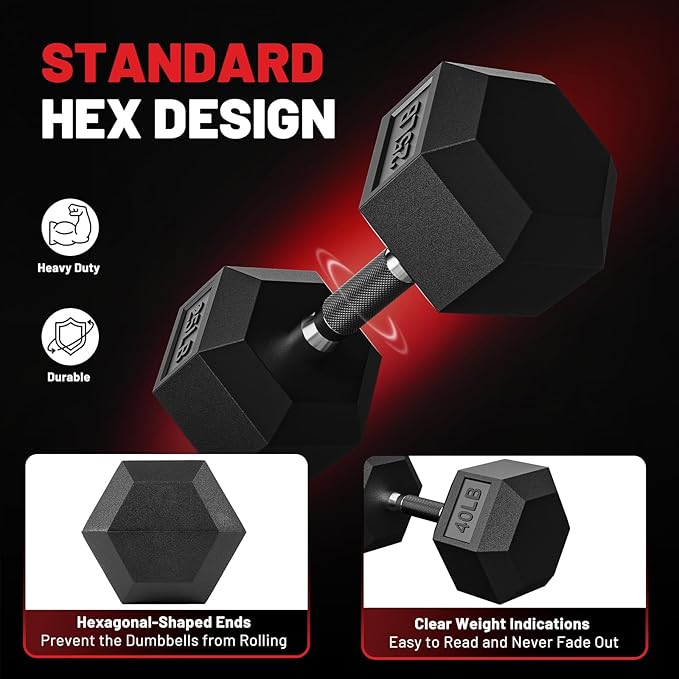 PAPABABE Dumbbell Set with Rack, Rubber Encased Hex Dumbbell Free Weights Dumbbells Set with Storage Rack, Home Weight Set