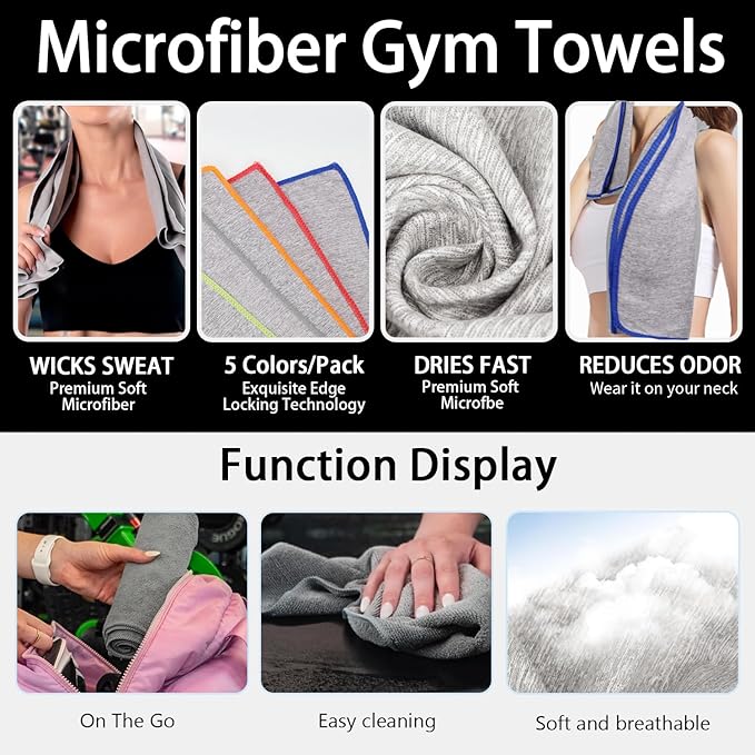 5 Pack Microfiber Gym Towels for Working Out, 16" X 26.8", Silver ION Odor-Free Absorbent Fiber, Fast Drying and Quick Dry Towels for Body Sweat, Working Out